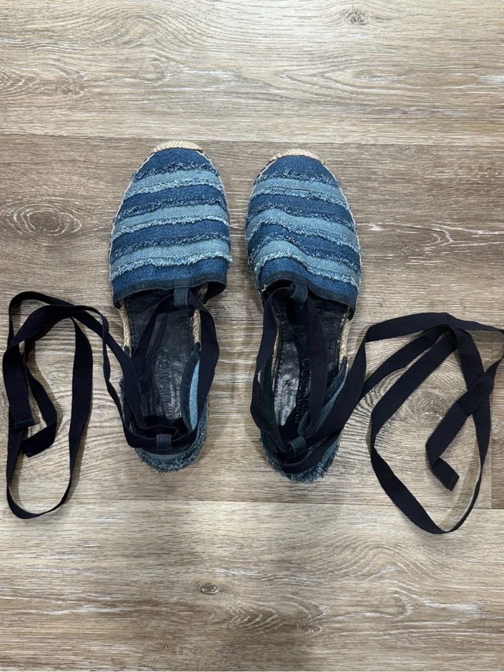 Jimmy Choo Denim Blue Striped Espadrille Lace-Up Flats